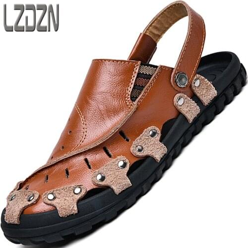2021 New Mens Shoes Summer Sandals Baotou Breathable Genuine Leather Shoes Mens Semi-Slippers Casual Without Heel Outdoor