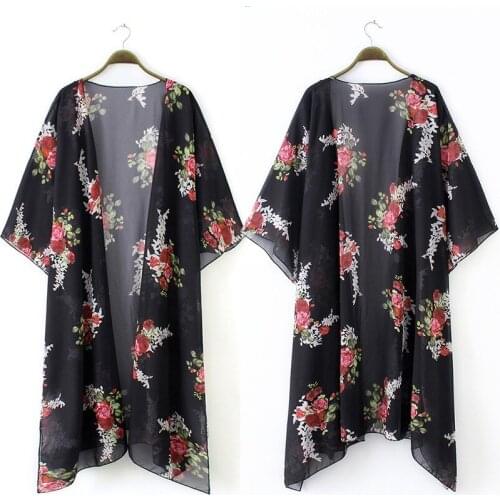2021 Women Cottagecore Cardigan Jacket with Veil Floral Print Asymmetrical Boho Style Loose Casual Beach Sun Protection Jacket