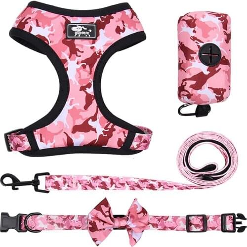 4pcs/lot Adjustable Print Dog Collar Leash Harness With Poop Bag Dispenser Dog Collar With Bow Puppy Harness Leash For Small Dog