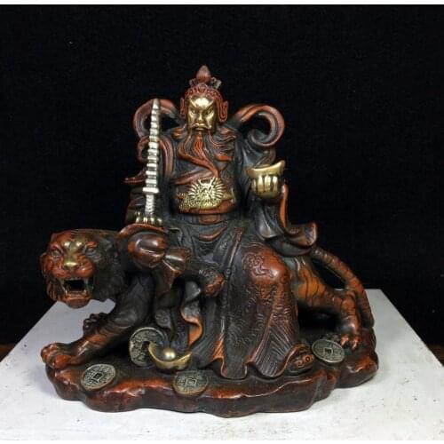 6" Tibet Buddhism Temple bronze Gilt true gold silver God of Wealth Zhao Gongming Mammon Jambhala wealth God Ride Tiger yuanbao