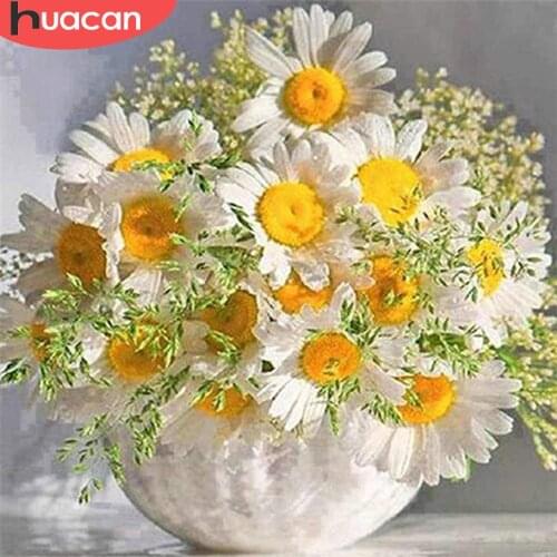 HUACAN Full Square Round Diamond Embroidery Flower Cross Stitch Diamond Painting Daisy Rhinestones Pictures Handicrafts Gift