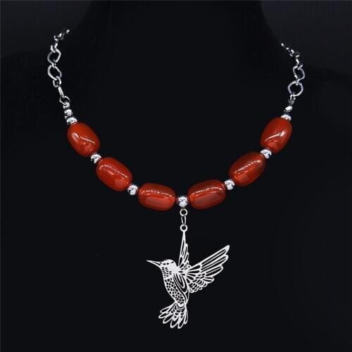 Bohemian Hummingbird Red Natural Stone Stainless Steel Chocker Necklaces Women Silver Color Necklaces Jewelry collier N925S04