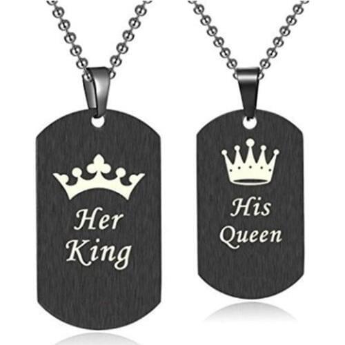 Letter King & Queen Couple Necklaces with Crown Stainless Steel Tag Pendant Necklace Crown Letters Choker Lovers Jewelry