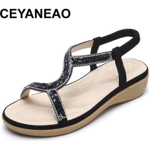 CEYANEAO2020 New Rhinestone Women Sandals Big Size Retro Wild Flat Crystal Fashion Solid Ladies Summer Shoes Breathable Shoes