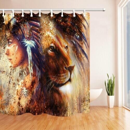 Girl and Animal Shower Curtains Water Color Indiana Girl Lion Horse Bathroom Decor Hang Cloth Curtain Set Waterproof Polyester