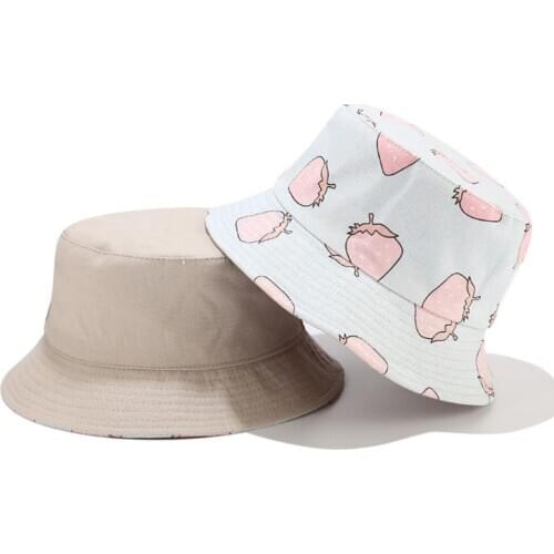 Women Summer Strawberry Fruit Print Bucket Hat Reversible Double Sided Outdoor Sunscreen Vacation Packable Fisherman Cap