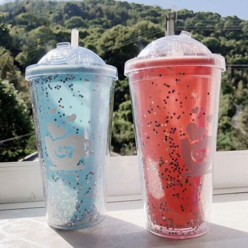 Double Sippy Mugs Creative Fashion Summer Crushed Ice Cup Cute Refrigeration Colorful Plastic Straw Cup Drinking Gifts Water Cup