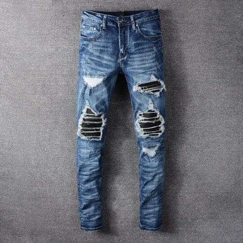 StretchyJeans Mid Blue Biker Jean Luxury Brand High Street Leather Patchwork Slim Fit Men Jean Big Size Skinny Indigo Denim Pant
