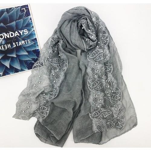Fashion Plain Lace Floral Hijab Scarf Cotton Beads Headband Scarves Head Wraps Shawls Muslim Pashmina 180*80cm 1PC Retail