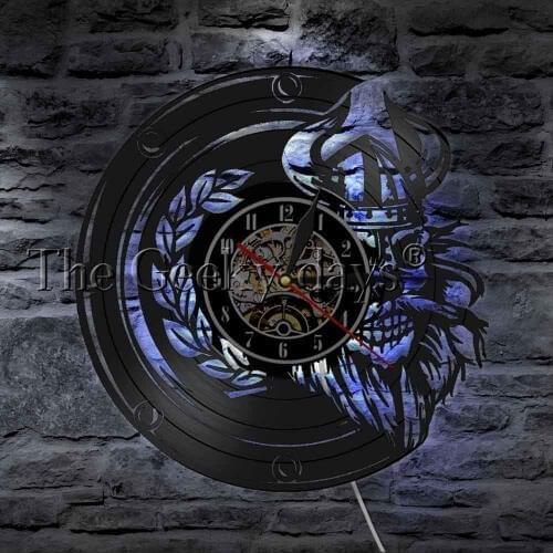 Viking Skull Head Vinyl Record Wall Clock With LED illumination Barbarian Valhalla Skull Helmet Horns Decorative Lighting