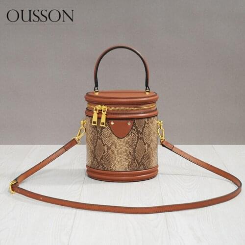OUSSON New Design Cylindrical Leather Tote Handbag Exquisite Female Retro Crossbody Barrel-Shaped Bag For Woman