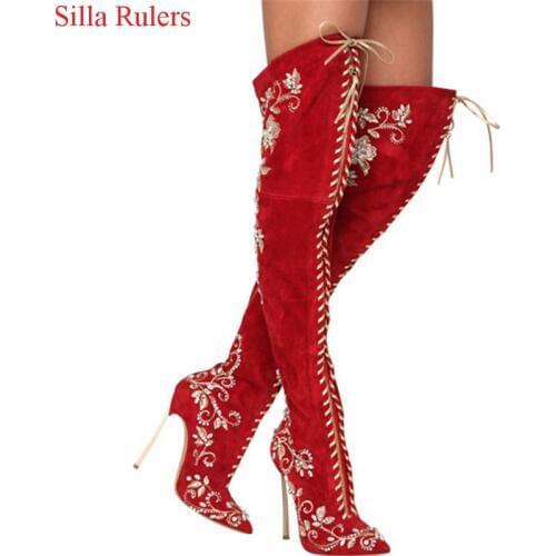 Sexy Pointed Toe Embroidered Lace Up Thigh High Boots High Heels Red Black Blue Suede Women Winter Boots Shoes Woman Botas Mujer