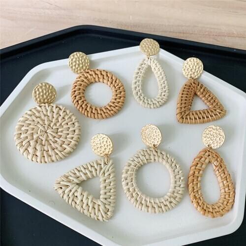 30Pair/lot Bohemia Wicker Rattan Knit Earrings Ethnic Wood Bamboo Weaving Geometric Circle Statement Drop Earrings for Women