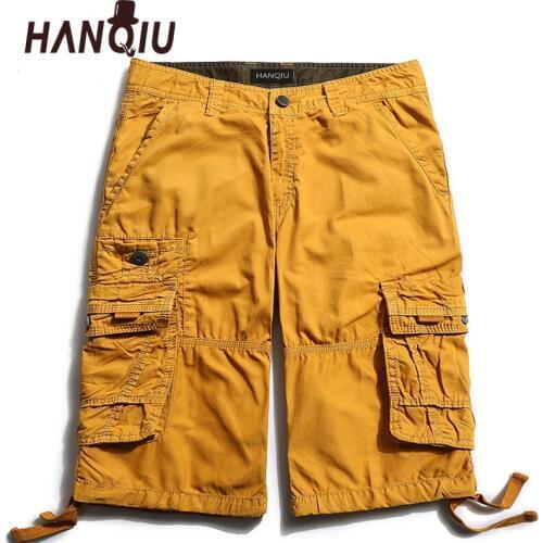HANQIU 2020 Summer Cargo Shorts Men Casual Baggy Solid Pure Cotton Mid-Waist Multi-Pocket Army Tactical Military Male Shorts