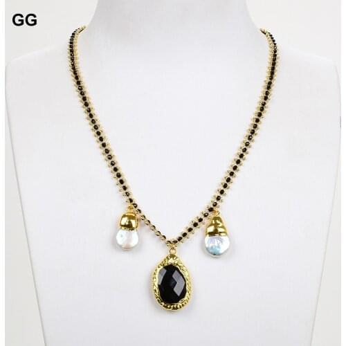GuaiGuai Jewelry 19" Black Color Crystal Chain Necklace White Keshi Pearl Onyx Pendant
