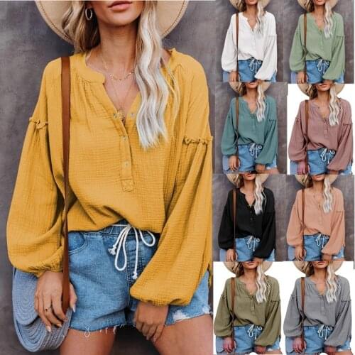 Women V-neck Lantern Long Sleeve Blouses Shirt 2021 Spring Autumn Casual Loose Button Party Club Blouses Elegant OL Chic Blouses