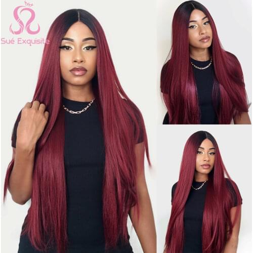 SUe EXQUISITE Long Straight Ombre Red Synthetic Wigs For Black Women Middle Part 26 Inch Heat Resistant Synthetic Cosplay Wig