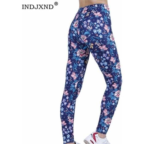 INDJXND Women Leggings High Waist Hips Push Up Quick-Drying Navy Leaf Flower Print Elasticity Sports Stretch Fitness Gym Pants