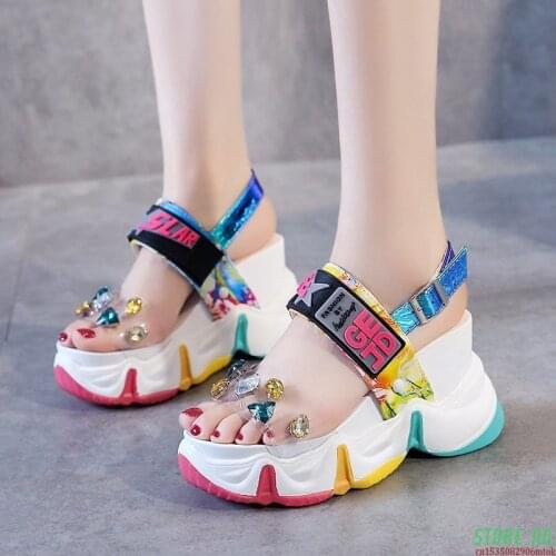 New Women Summer Wedge Sandals Transparent PVC Crystal Chunky Platform Shoes Woman Rainbow Thick Bottom Sandalias