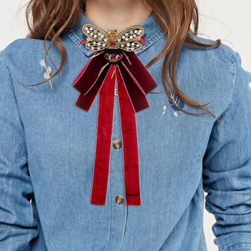 ZHINI New Arrival Vintage Ribbon Big Bow Brooches Pins With Bee For Women Butterfly Bow Brooch Tie Clothing Accessory Wholesale