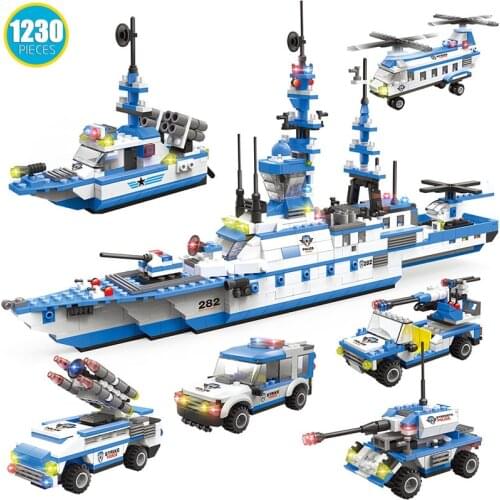 1230Pcs City Police Patrol Boat Military Battleship Warship Model Building Blocks Patrol Ship Airplane Car Bricks DIY Kids Toys