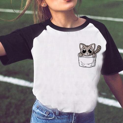 2018 Summer Fashion White women Cute Gray Pocket Cat T-Shirt Pocket Kittens Print Female t shirt girl Casual tshirt cat shirt