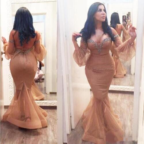 2020 Plus Size Mermaid Evening Dresses Beaded Off Shoulder Illusion Sleeve Floor Length Formal Prom Party Gowns Customized
