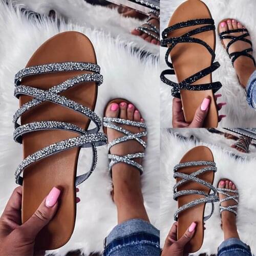 2021 Summer Women Slippers Fashion Rhinestone Glitter Flat Sandals Lady Party Shoes Cross Straps Slides Women Open Toe Sandals
