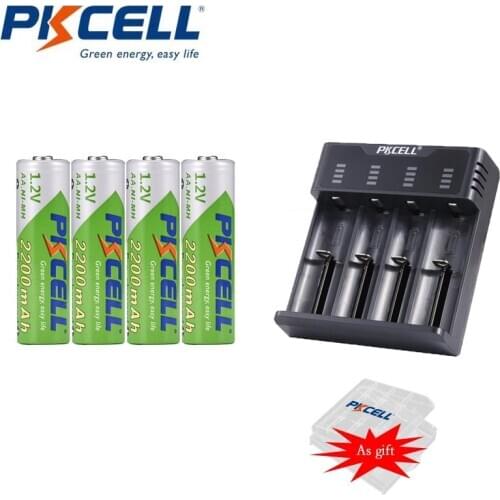 4Pcs PKCELL AA 1.2V Rechargeable Battery Low Self Dischargeable 2200mah+Charger NIMH/NICD AA/AAA Batteries 4 slot USB Plug+Gift