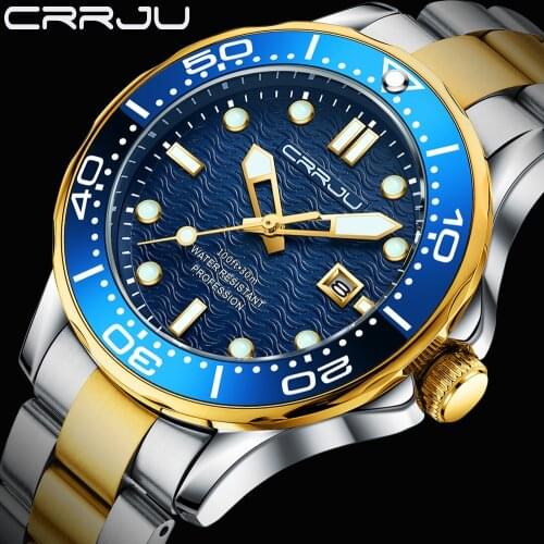 2021 CRRJU New Mens Japan Quartz Watches GMT Watch 44mm Sapphire Stainless Steel Waterproof Watch Reloj Hombre