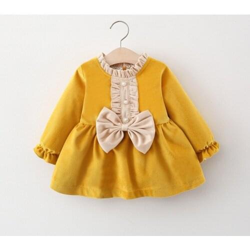 New Autumn Winter Kid Dress Grils Long Sleeve Dress Lantern Sleeve Bow Princess Dress Baby Girl Dress Solid Color Girls Clothes