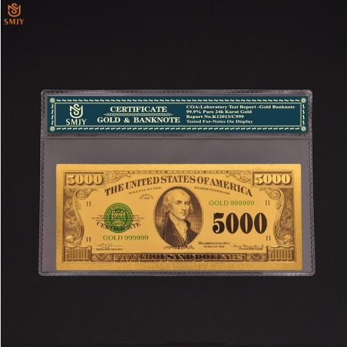 1918 US Currency Paper 5000 Dollar Money Gold Banknote Collections With COA Outer Frame