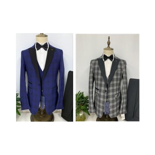 Tailor made grey blue Plaid wedding suits men 3-piece formal Black Peaked Lapel male Large Tuxedos groom fashion casual Blazer