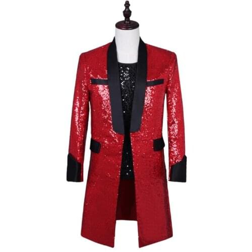 Red sequins blazer men long suits designs jacket mens stage singers clothes dance star style dress punk rock masculino homme