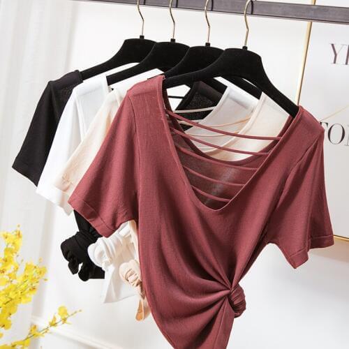 Summer Autumn Women Backless Thin T-Shirt Tees Casual Ice Silk Knitted T Shirts Female Hollow Out Short Sleeve Shirt Tops AB1474