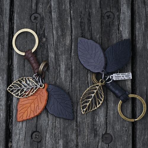 Vintage Leather Leaf Keychain Metal Key Chains Men Key Holder Car Auto Cute Keyring valentines day gift for boyfriend porte clef