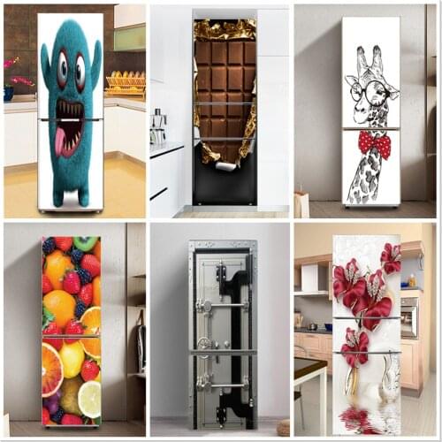 Cartoon Printed Refrigerator Sticker Door Cover Fresh Fruit Flower Renovation Adhesive PVC Fridge Stickers Giraffe Kitchen Decal