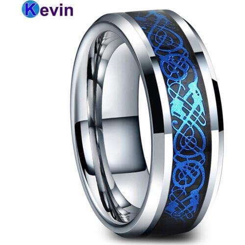 Tungsten Ring Men Wedding Band Ring With Black Carbon Fiber And Blue Dragon Inlay Width 8MM