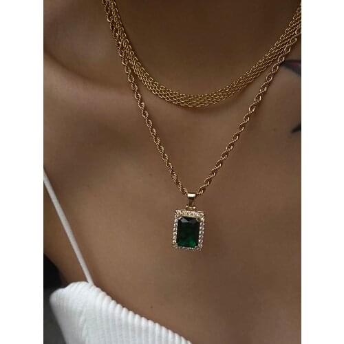 2021 Dazan New Fashionable Personality Fashion European And American Square Green Zircon Diamond Twist neckintheli Necklace