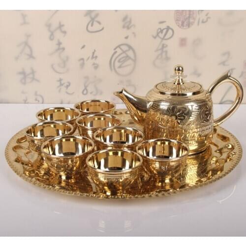 Origin of India pure copper tea set household handmade tea ceremony complete set simple European tea cup pot tray teaware gift