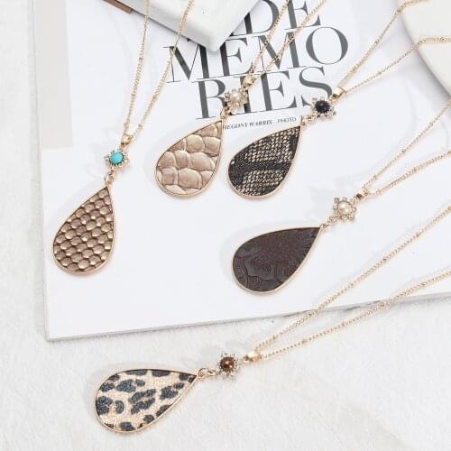 Waterdrop Leopard Snakeskin Grain Leather Pendant Necklace Long Chain Dress Decorative ACC Brand Women Inspired Jewelry