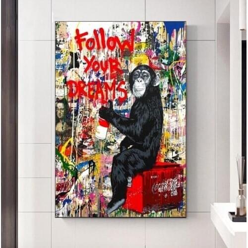 Banksy Art Follow Your Dreams Monkey Canvas Posters Graffiti Street Wall Art Posters And Prints Animals Pictures for Home Decor
