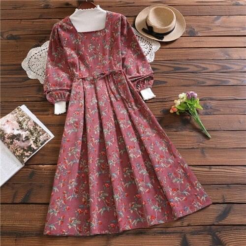 Mori Girl Autumn Women Vintage Dress Square Collar Floral Printed Red Apricot Elegant Dress Sweet Corduroy Pleated Dress HB564