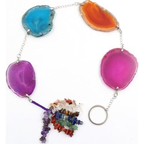 Ethnic Style Silver Plated Layer Irregular Shape Many Colors Agates Key Chain with Small Stone Healing Chakra Jewelry