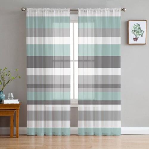 Green Gray White Stripes Sheer Curtains for Living Room Bedroom Kitchen Chiffon Tulle Curtains Home Hotel Coffee Decor