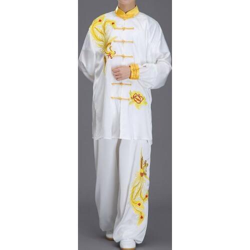 Unisex white embroidery phoenix tai chi uniform taijiquan clothing performance suits wushu kung fu uniforms