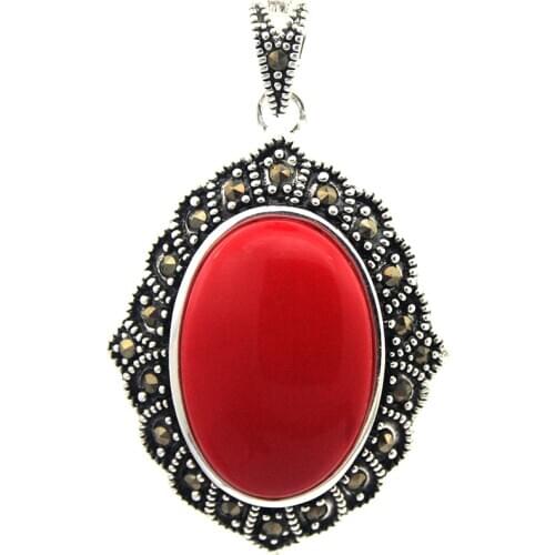 VINTAGE 925 STERLING SILVER RED CORAL MARCASITE PENDANT 27x43MM