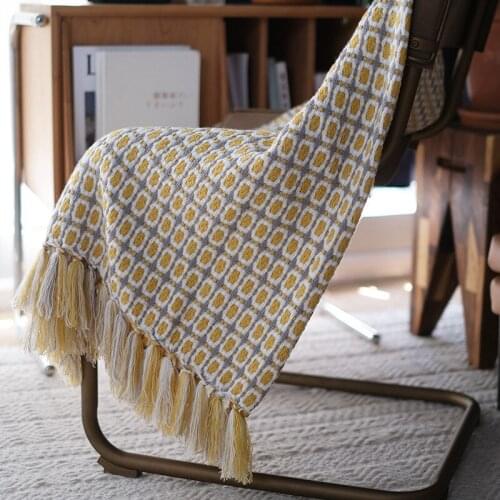 Knitted Blanket Nap Small Blanket American Crochet Decorative Blanket Yellow Checkered Decorative Blanket