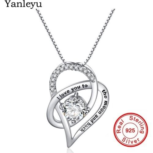 Yanleyu Romantic Double Heart Necklace 100% 925 Sterling Silver AAA Zircon Pendant Necklace for Women Valentines Day Gift PN012