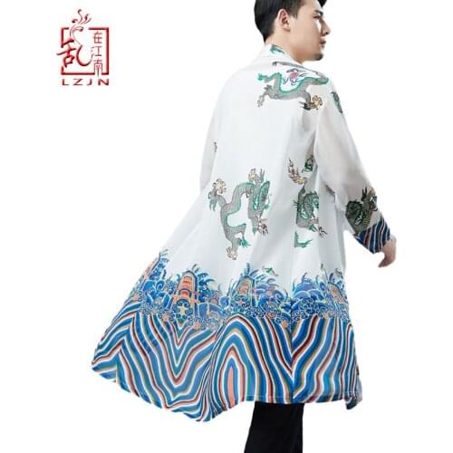 LZJN 2019 Japanese Kimono Cardigan Men Dragon Pattern Print Long Kimono Cardigan Men Thin Mens Kimono Cardigan Jacket Coat